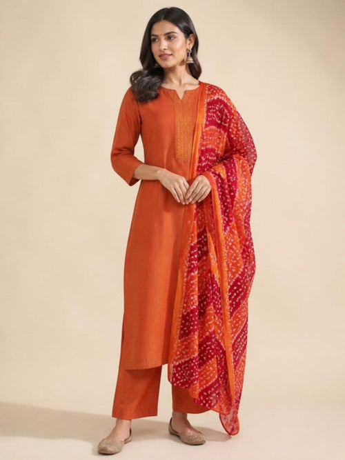Rust kurta set with bandhani dupatta