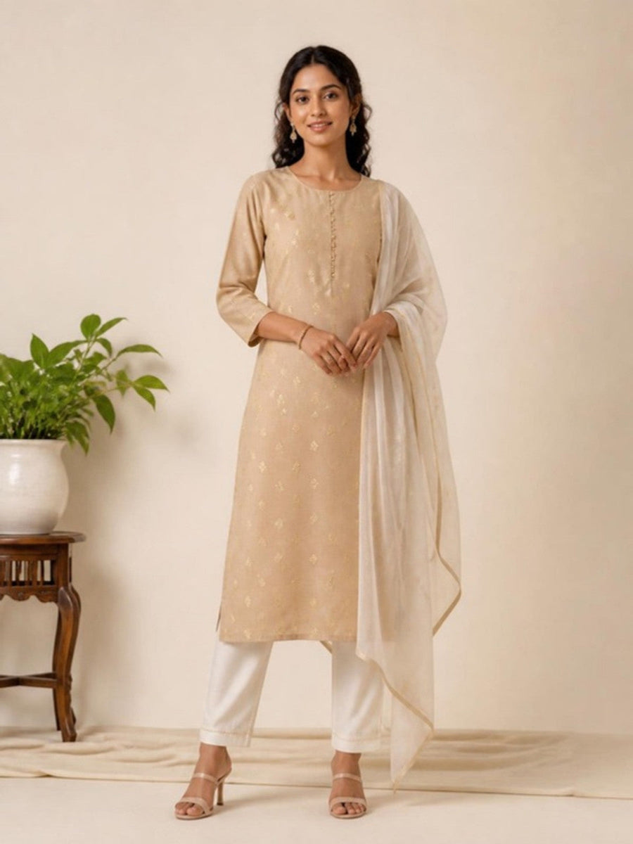 Chanderi cotton kurti set in beige