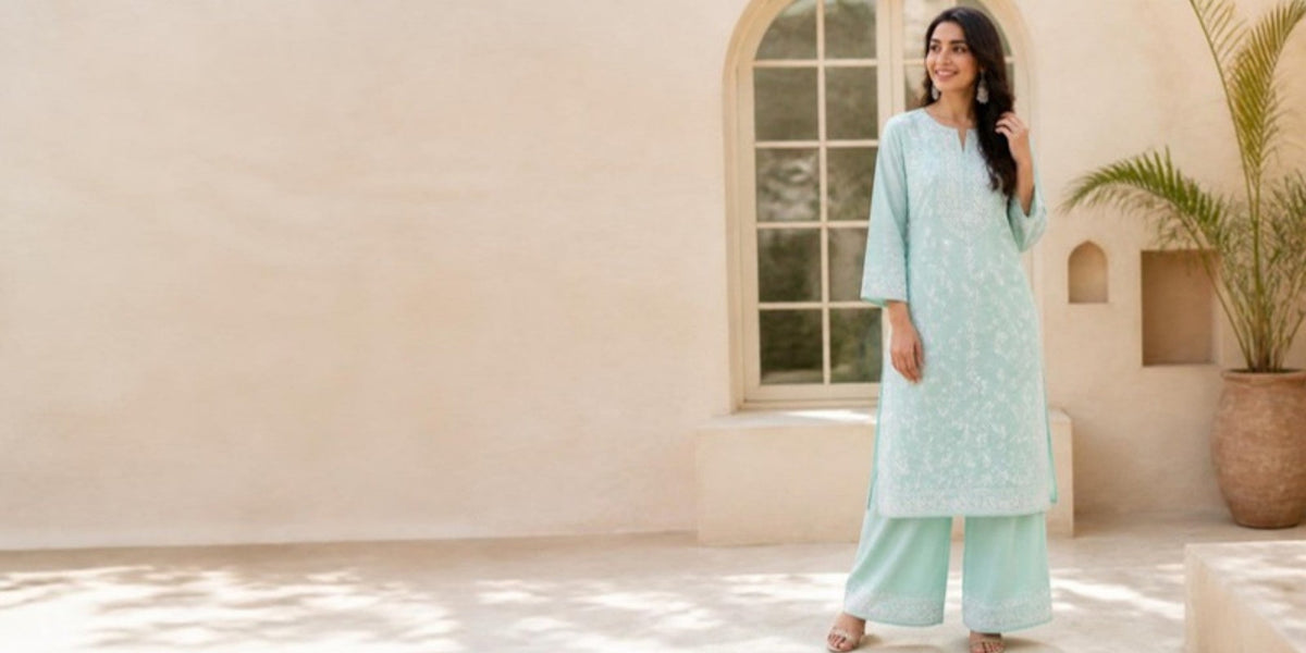 Model in mint chikankari kurti
