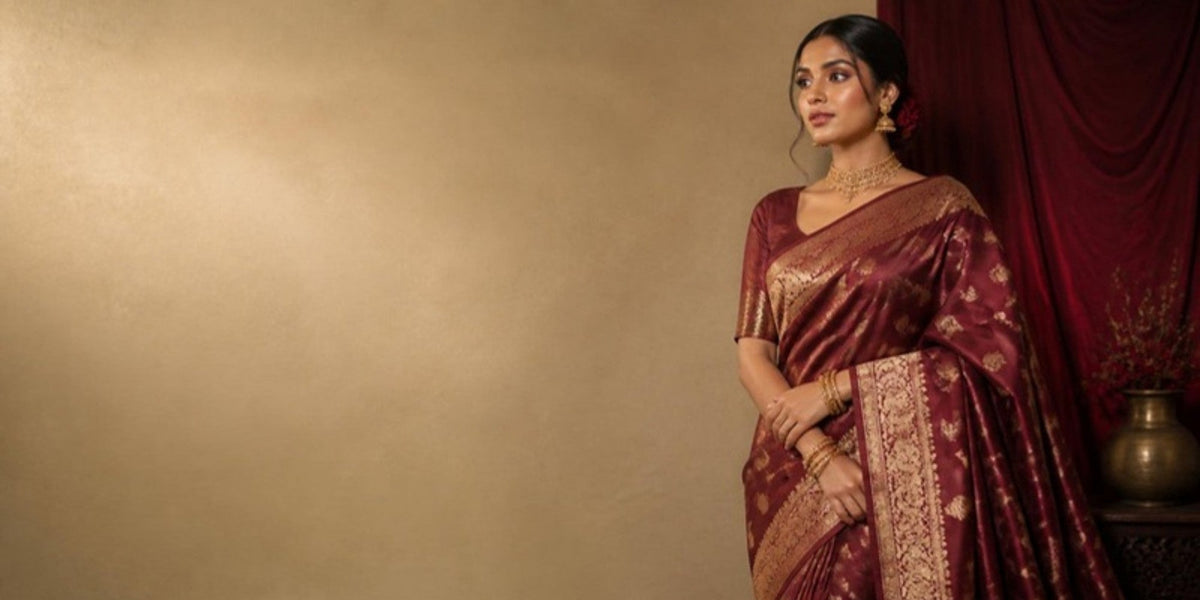 Model in maroon Banarasi silk saree