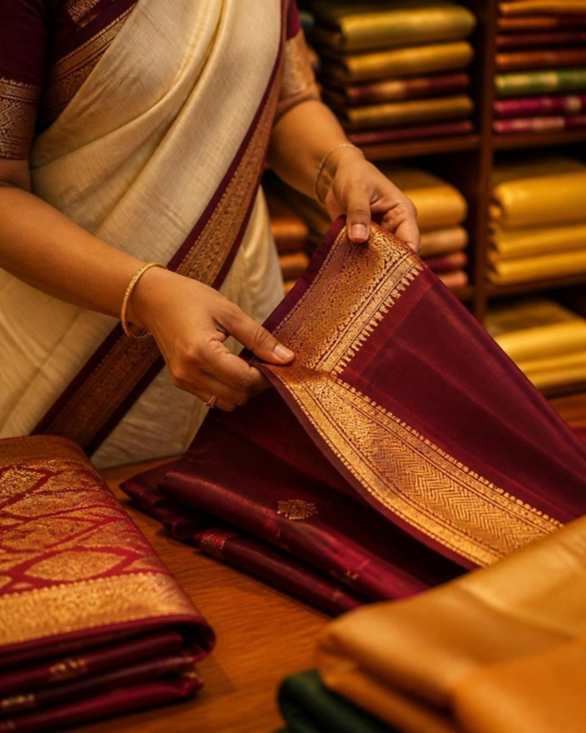 Artisan folding a maroon silk saree