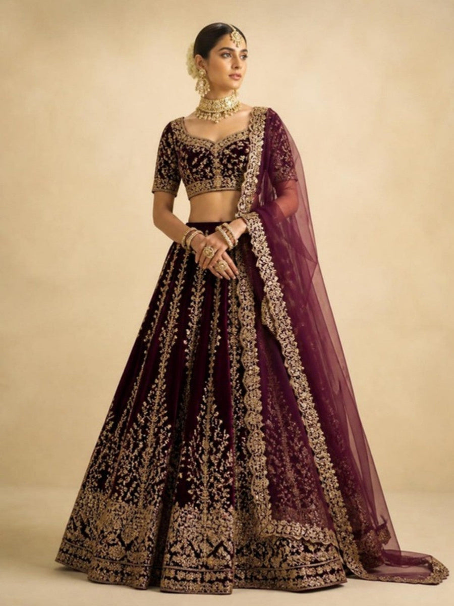 Plum velvet lehenga choli with zardozi